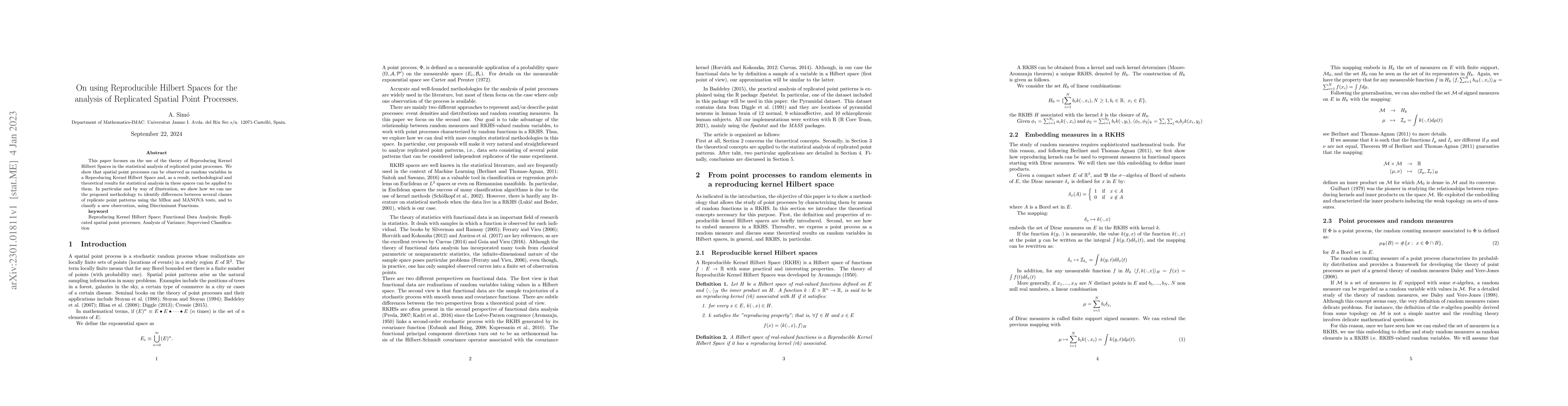 Thumbnail for On using Reproducible Hilbert Spaces for the analysis of Replicated
  Spatial Point Processes