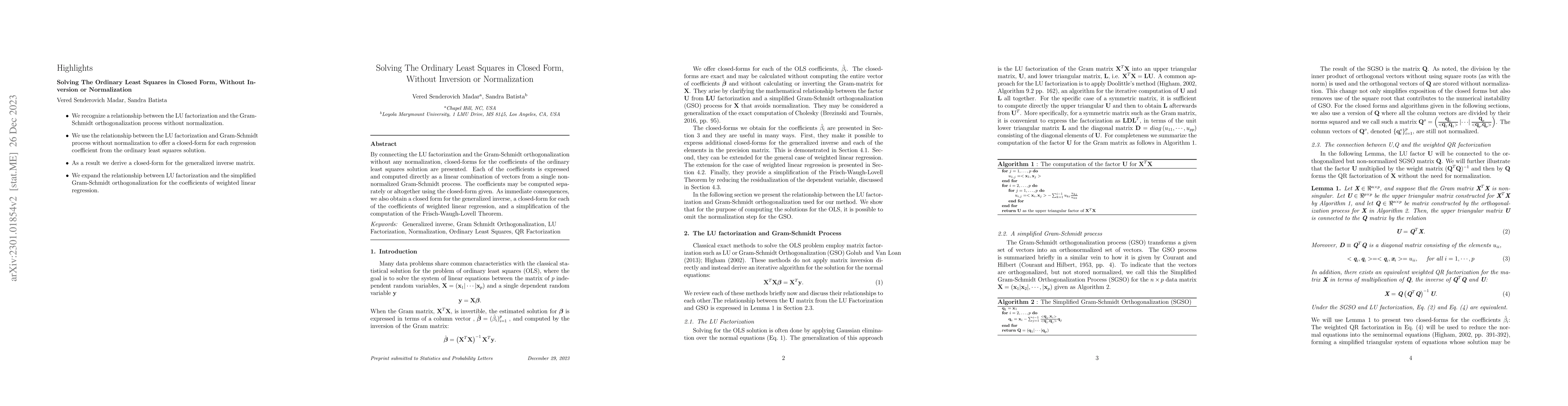 Thumbnail for Solving The Ordinary Least Squares in Closed Form, Without Inversion or
  Normalization