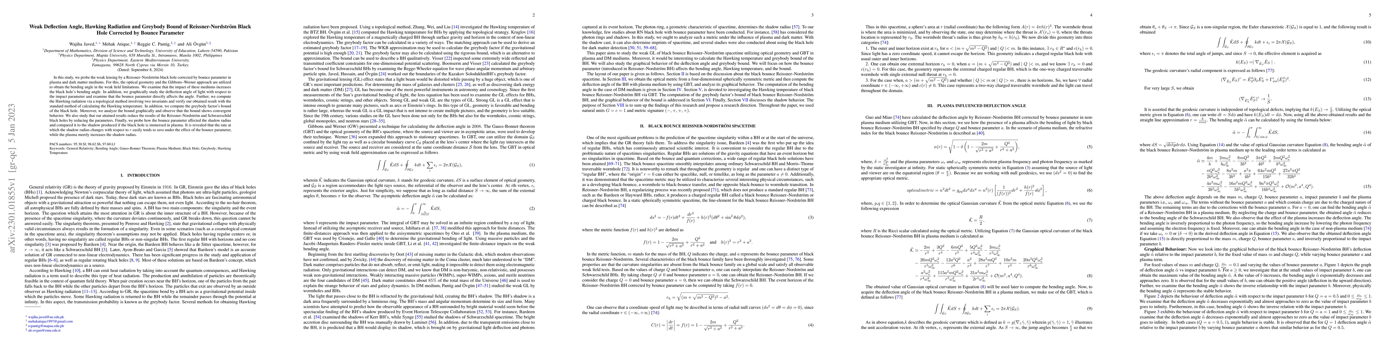 Thumbnail for Weak Deflection Angle, Hawking Radiation and Greybody Bound of
  Reissner-Nordstr\"{o}m Black Hole Corrected by Bounce Parameter