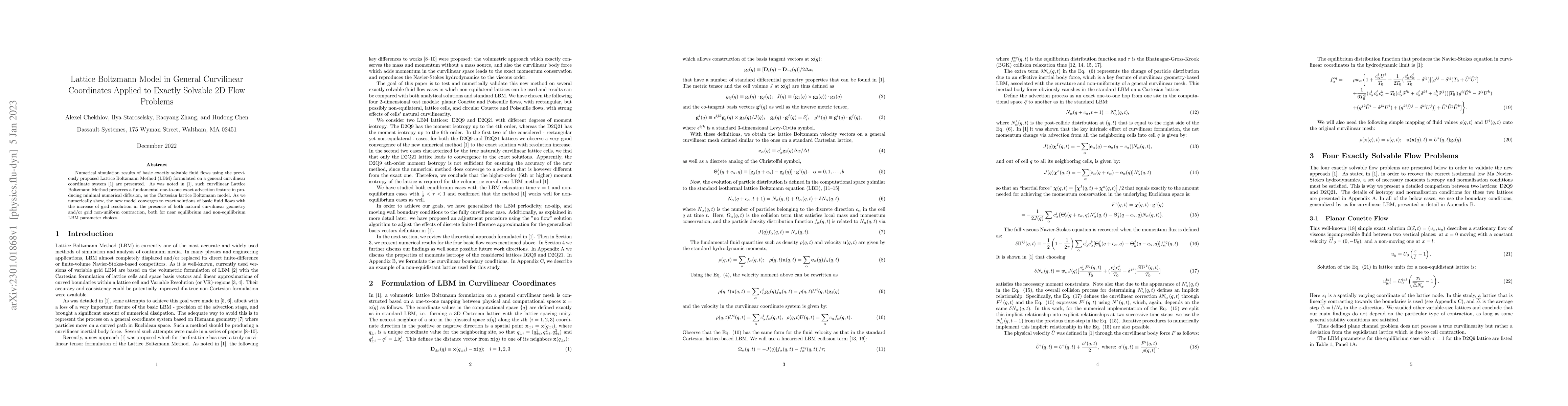 Thumbnail for Lattice Boltzmann Model in General Curvilinear Coordinates Applied to
  Exactly Solvable 2D Flow Problems