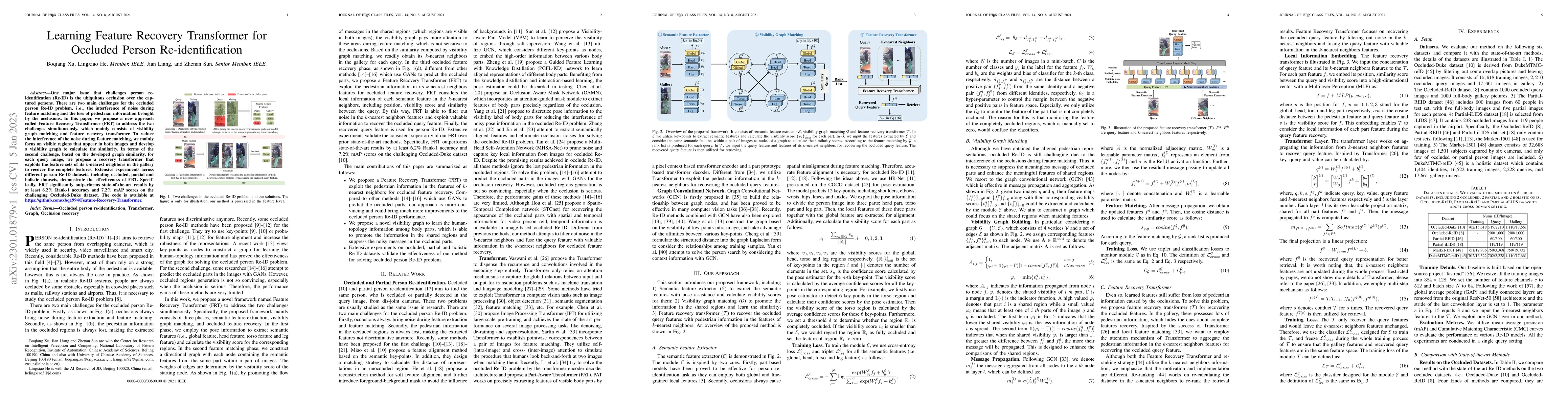 Thumbnail for Learning Feature Recovery Transformer for Occluded Person
  Re-identification