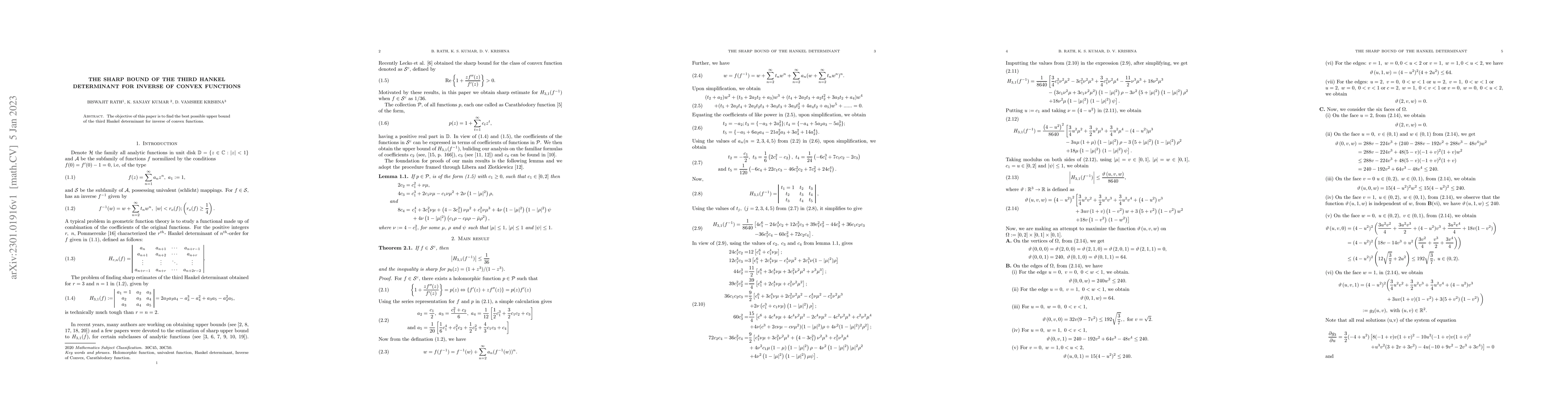 Thumbnail for The sharp bound of the third Hankel determinant for inverse of convex
  functions
