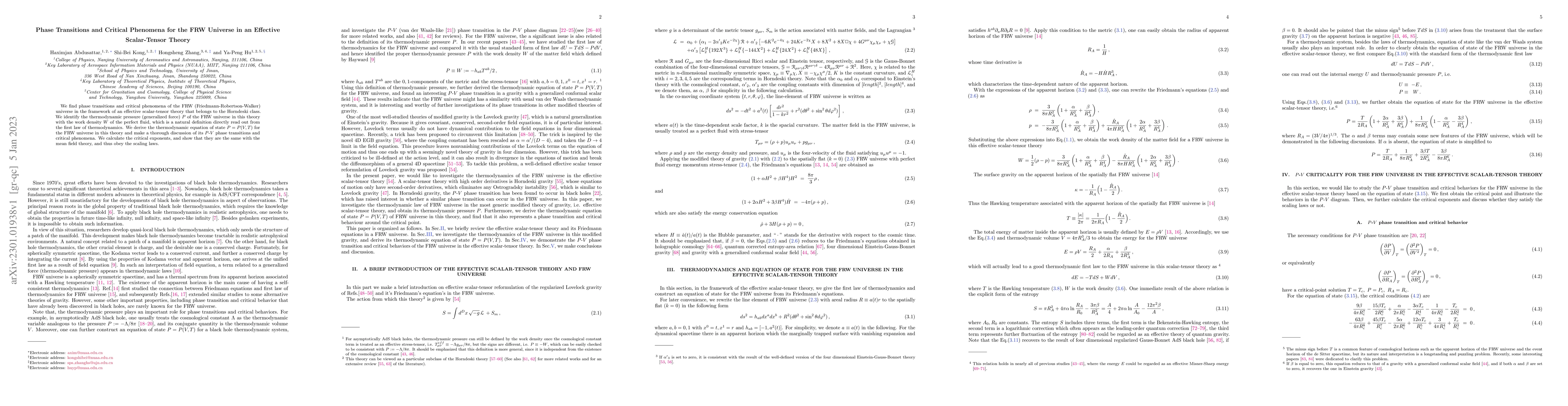 Thumbnail for Phase Transitions and Critical Phenomena for the FRW Universe in an
  Effective Scalar-Tensor Theory