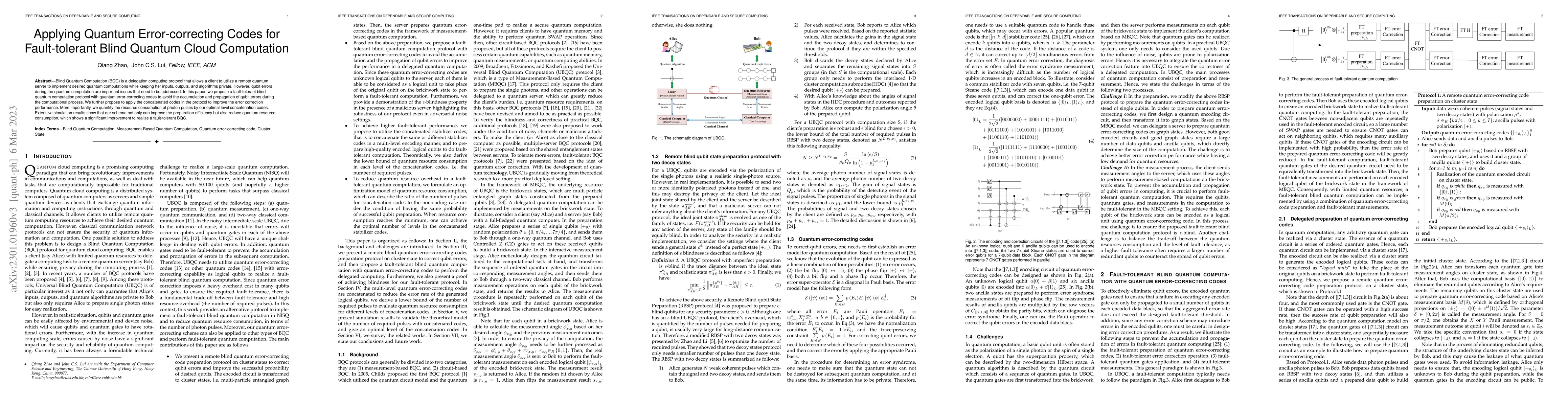 Thumbnail for Applying Quantum Error-correcting Codes for Fault-tolerant Blind Quantum
  Cloud Computation