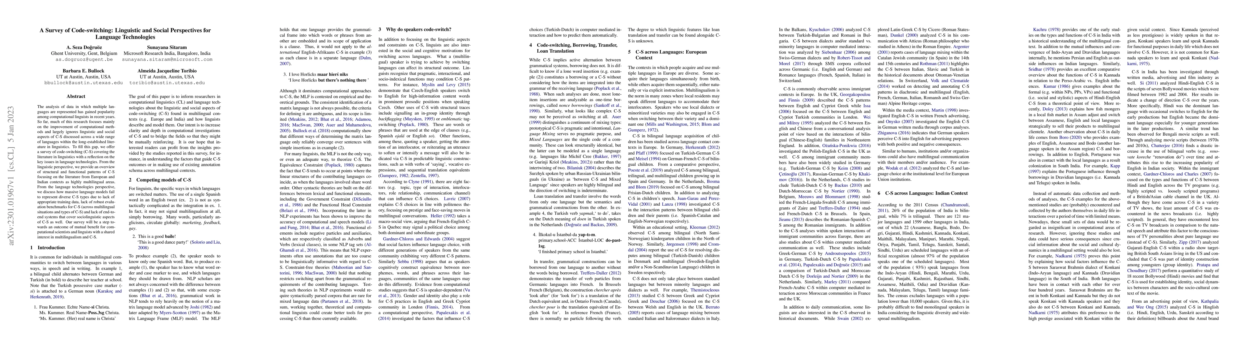 Thumbnail for A Survey of Code-switching: Linguistic and Social Perspectives for
  Language Technologies