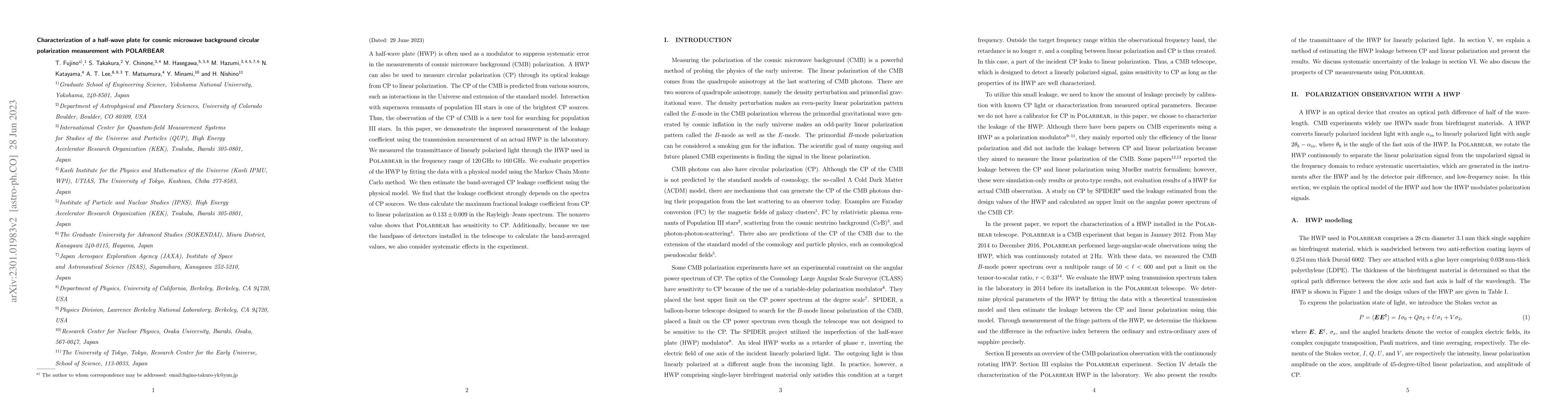 Thumbnail for Characterization of a half-wave plate for cosmic microwave background
  circular polarization measurement with POLARBEAR