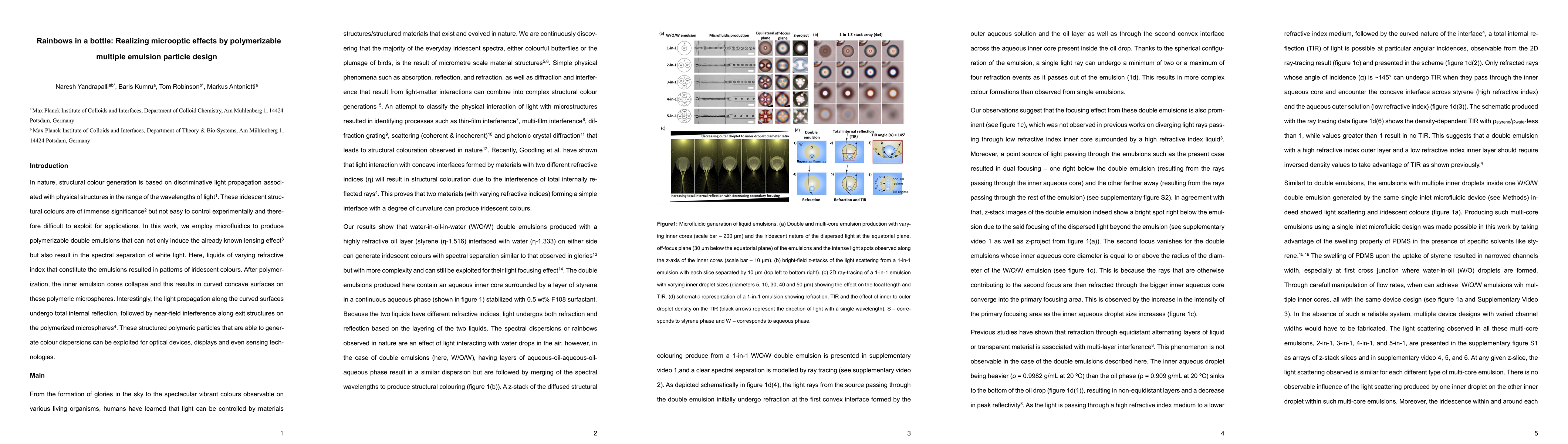Thumbnail for Rainbows in a bottle: Realizing microoptic effects by polymerizable
  multiple emulsion particle design
