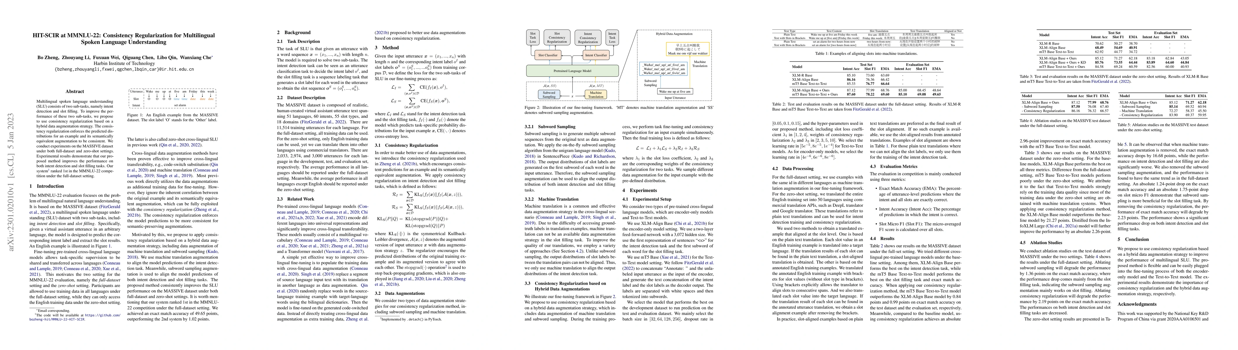 Thumbnail for HIT-SCIR at MMNLU-22: Consistency Regularization for Multilingual Spoken
  Language Understanding