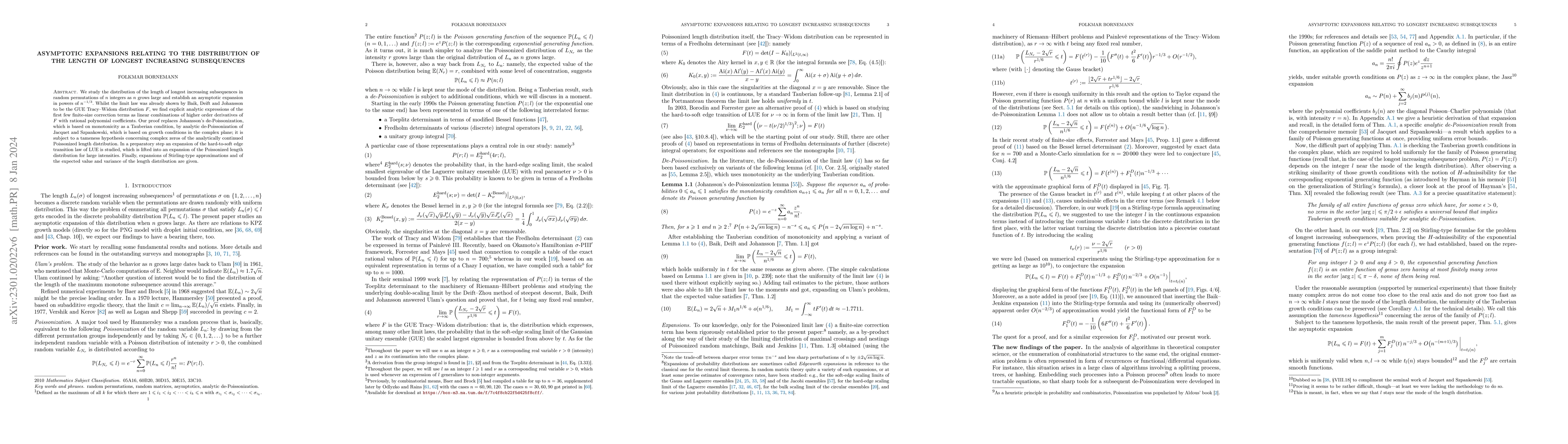 Thumbnail for Asymptotic expansions relating to the distribution of the length of
  longest increasing subsequences