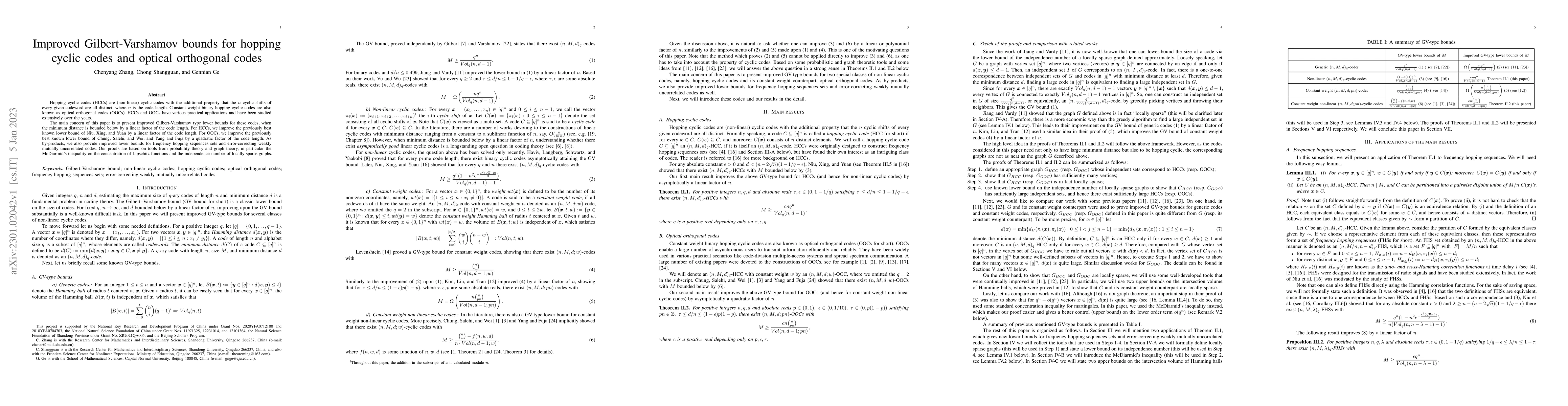 Thumbnail for Improved Gilbert-Varshamov bounds for hopping cyclic codes and optical
  orthogonal codes