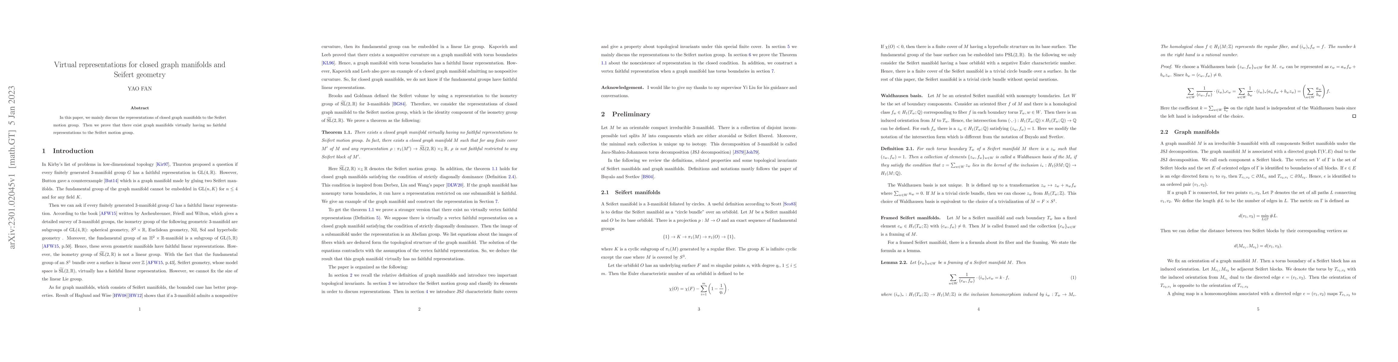 Thumbnail for Virtual representations for closed graph manifolds and Seifert geometry