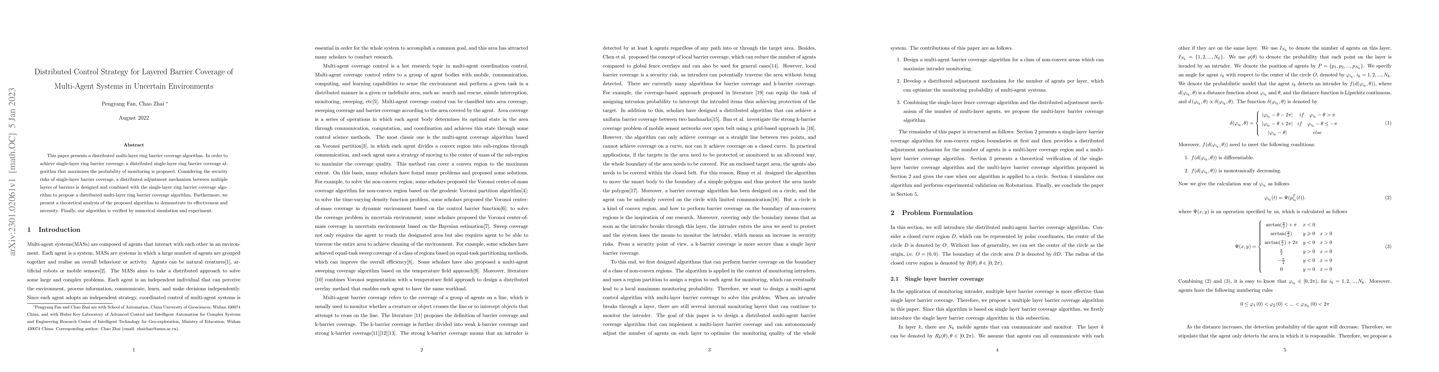 Thumbnail for Distributed Control Strategy for Layered Barrier Coverage of Multi-Agent
  Systems in Uncertain Environments
