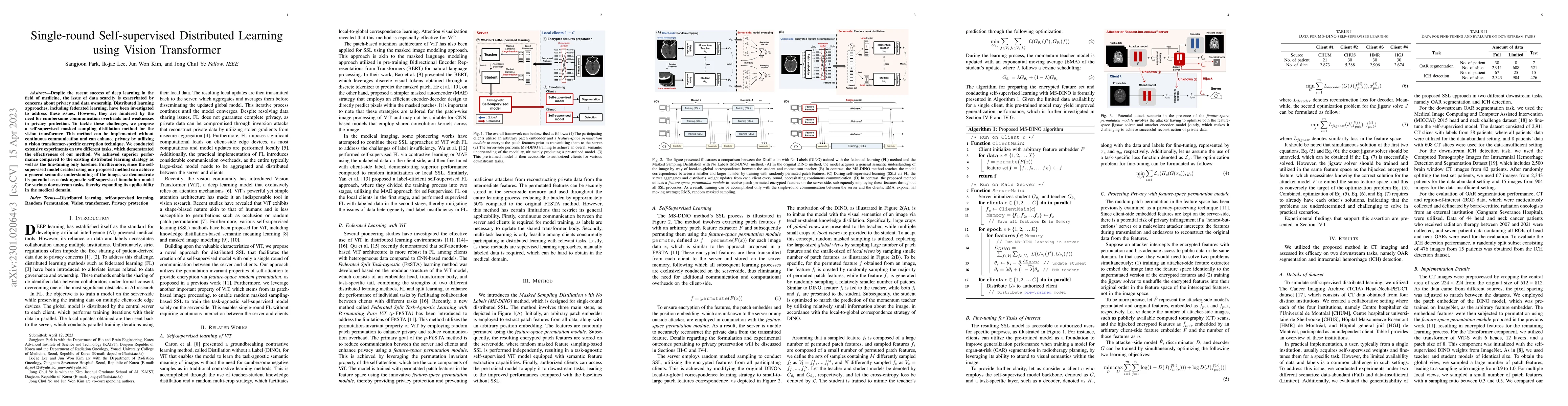 Thumbnail for Single-round Self-supervised Distributed Learning using Vision
  Transformer