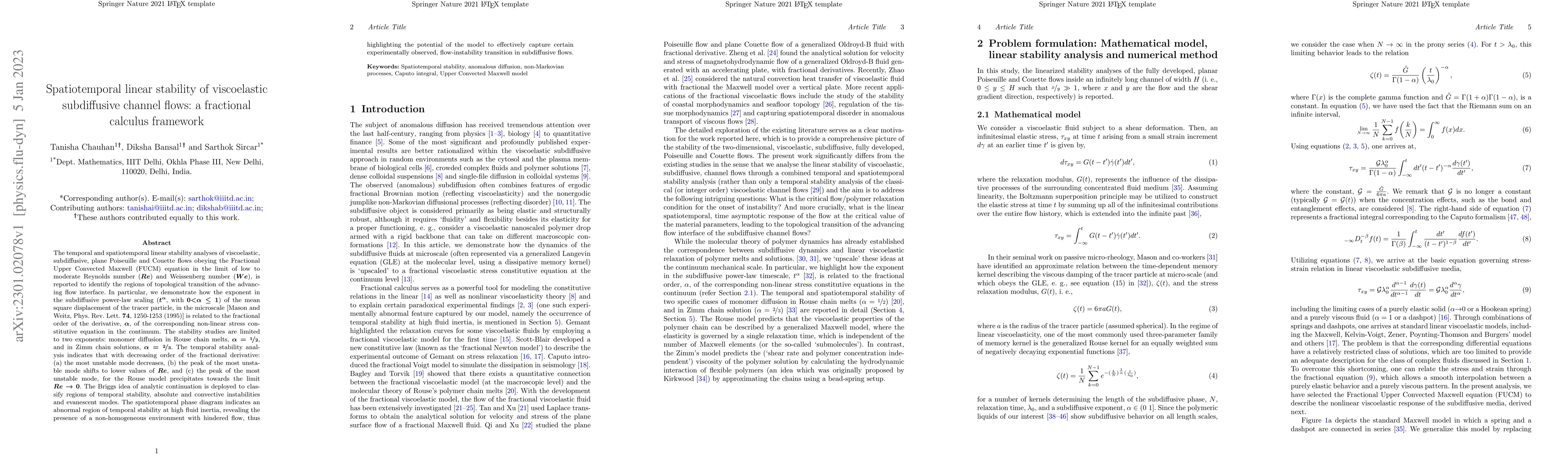 Thumbnail for Spatiotemporal linear stability of viscoelastic subdiffusive channel
  flows: a fractional calculus framework