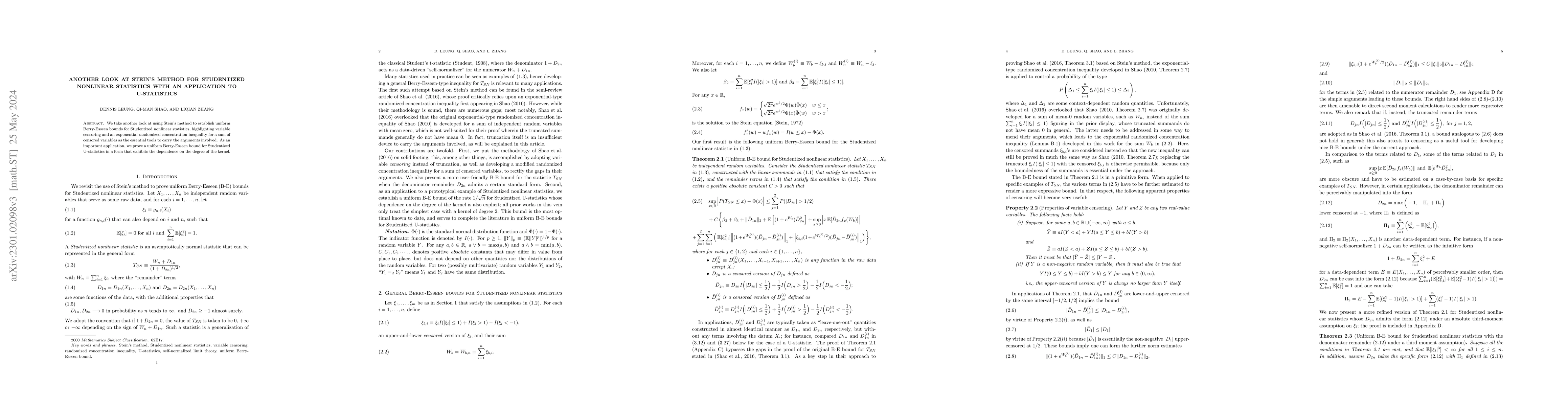 Thumbnail for Another look at Stein's method for Studentized nonlinear statistics with
  an application to U-statistics