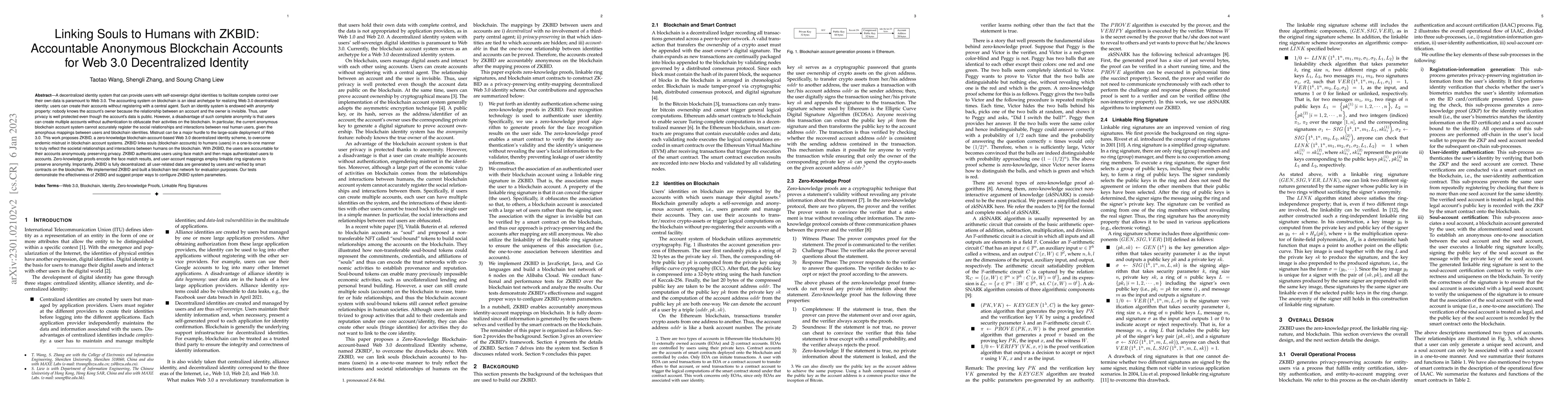 Thumbnail for Linking Souls to Humans with ZKBID: Accountable Anonymous Blockchain
  Accounts for Web 3.0 Decentralized Identity