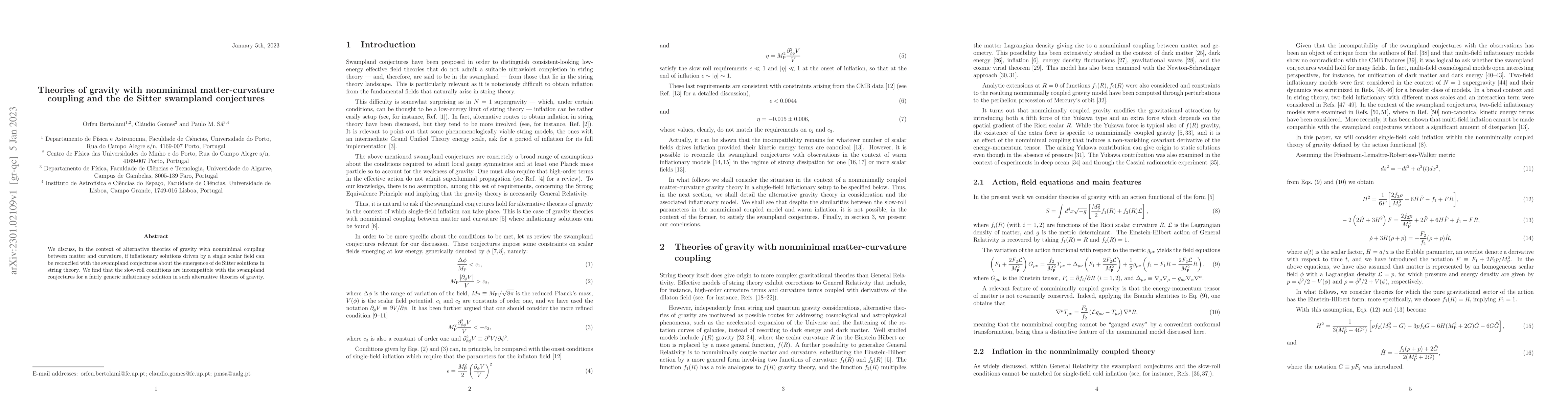 Thumbnail for Theories of gravity with nonminimal matter-curvature coupling and the de
  Sitter swampland conjectures
