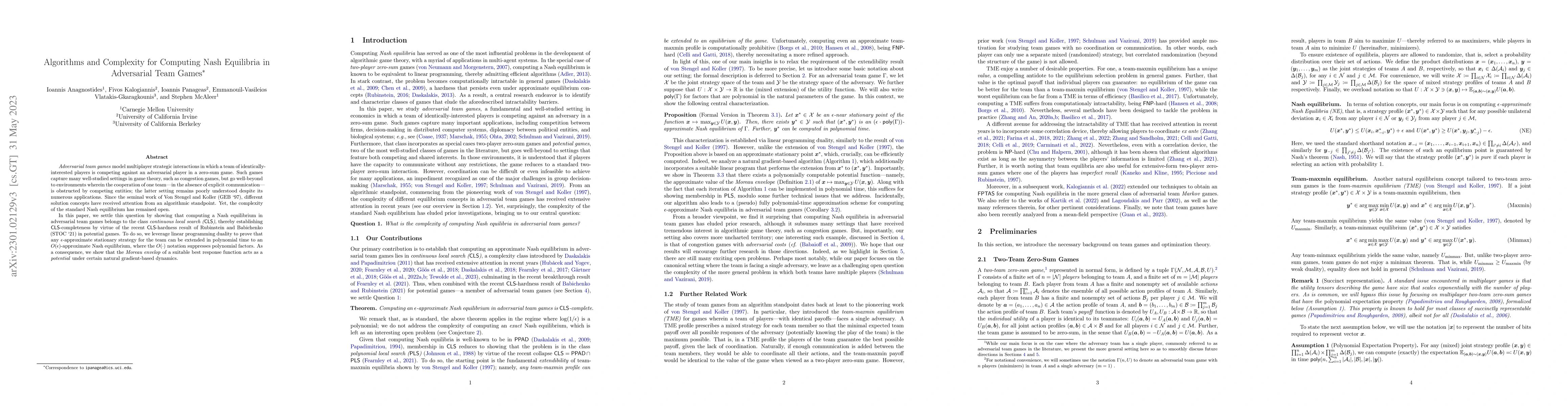 Thumbnail for Algorithms and Complexity for Computing Nash Equilibria in Adversarial
  Team Games