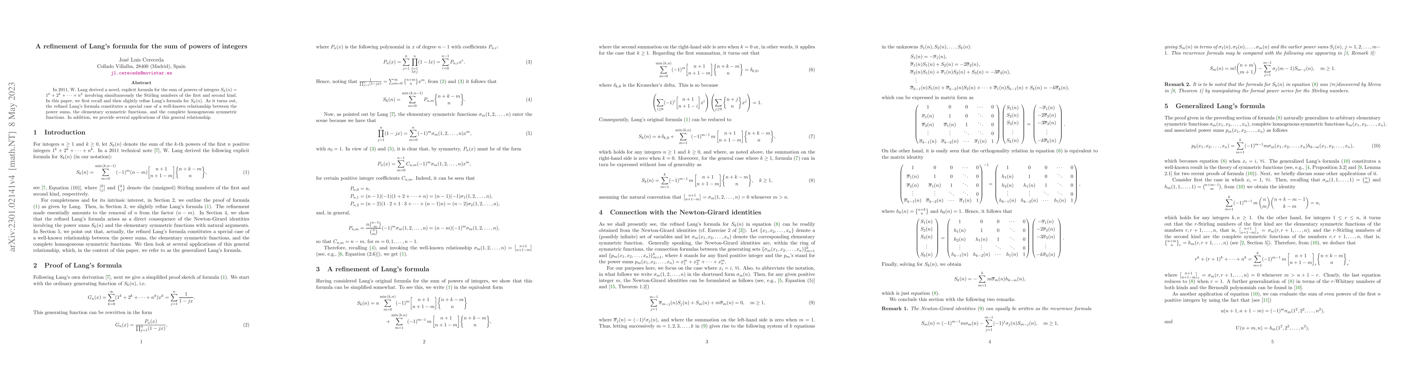 Thumbnail for A refinement of Lang's formula for the sum of powers of integers