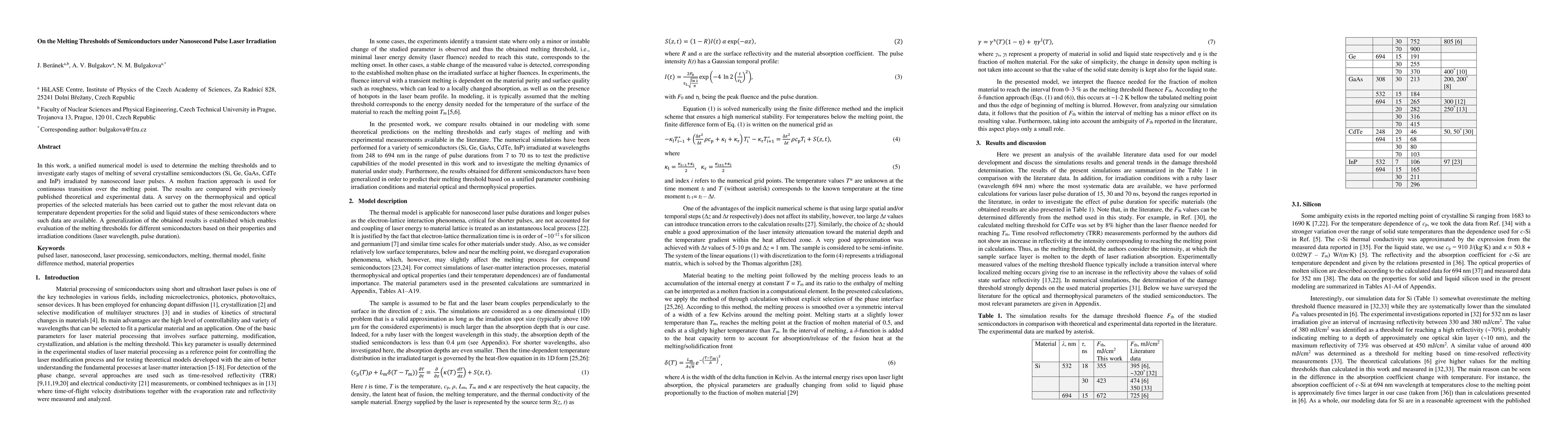Thumbnail for On the Melting Thresholds of Semiconductors under Nanosecond Pulse Laser
  Irradiation
