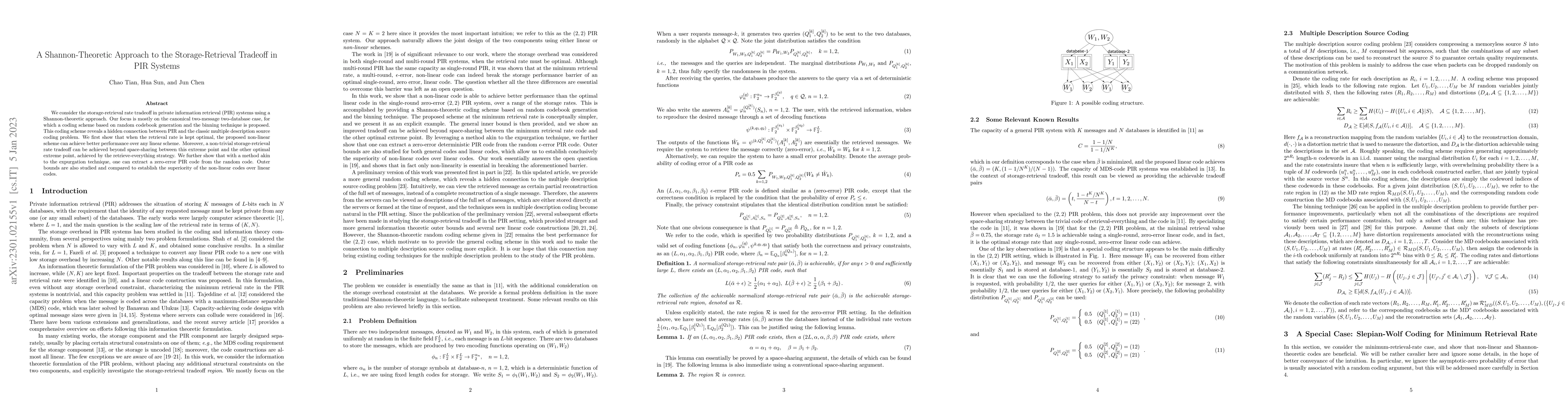 Thumbnail for A Shannon-Theoretic Approach to the Storage-Retrieval Tradeoff in PIR
  Systems