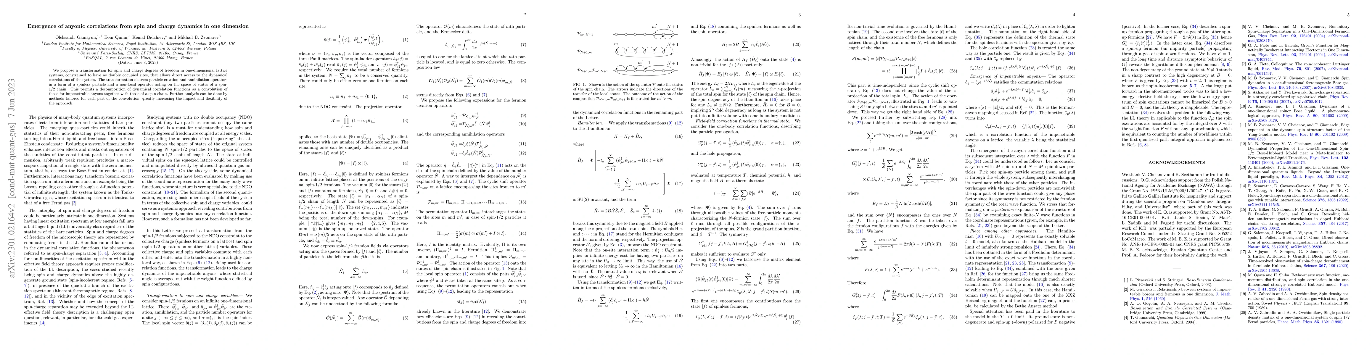 Thumbnail for Emergence of anyonic correlations from spin and charge dynamics in one
  dimension