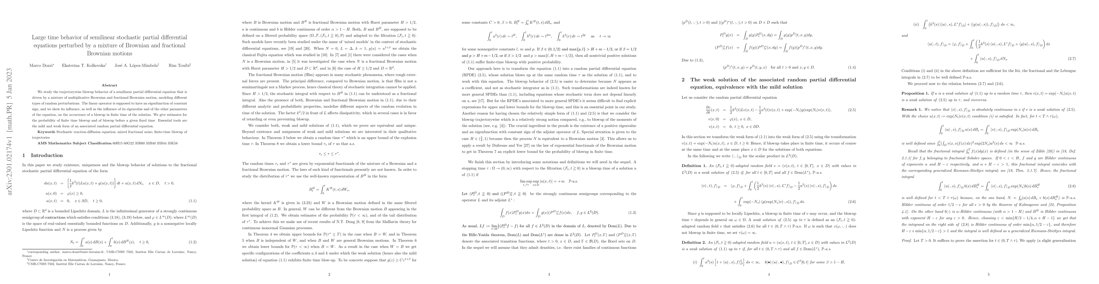Thumbnail for Large time behavior of semilinear stochastic partial differential
  equations perturbed by a mixture of Brownian and fractional Brownian motions