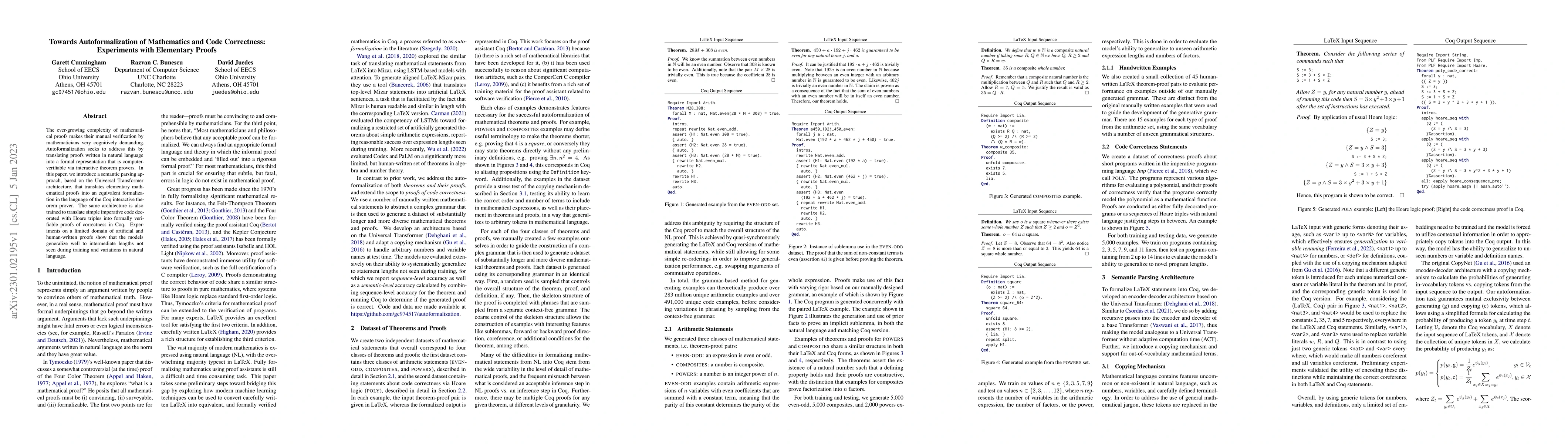 Thumbnail for Towards Autoformalization of Mathematics and Code Correctness:
  Experiments with Elementary Proofs