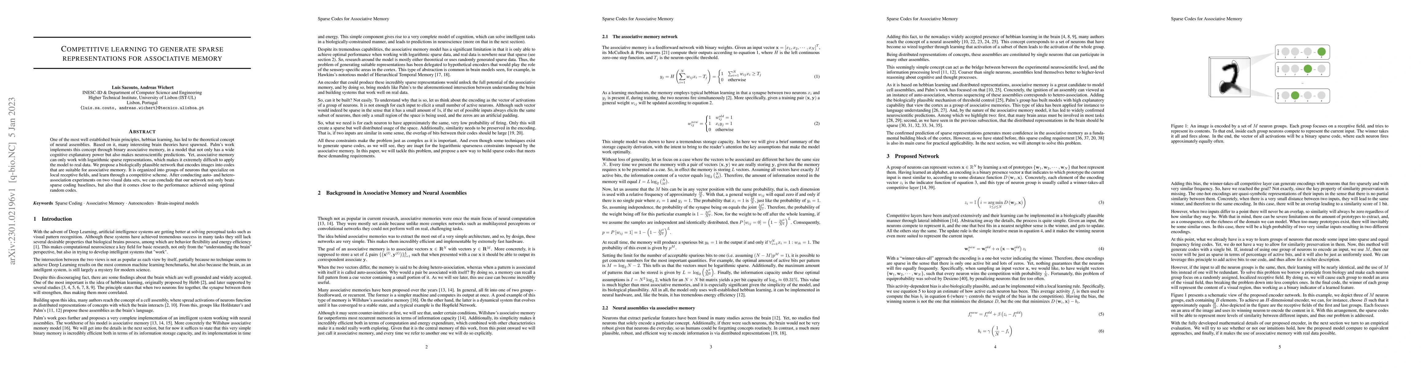 Thumbnail for Competitive learning to generate sparse representations for associative
  memory