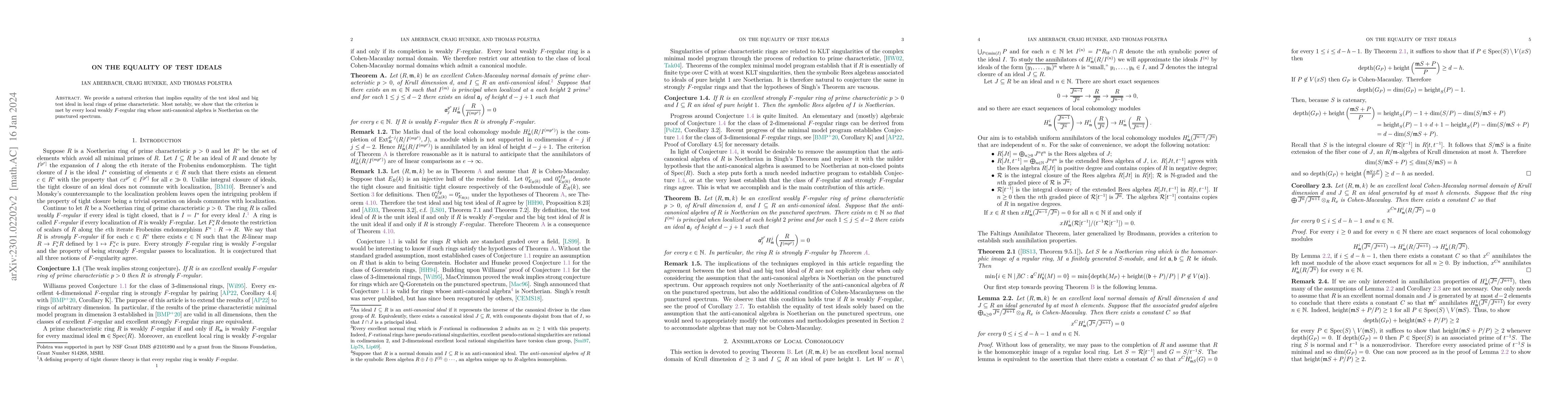 Thumbnail for On the Equality of Test Ideals