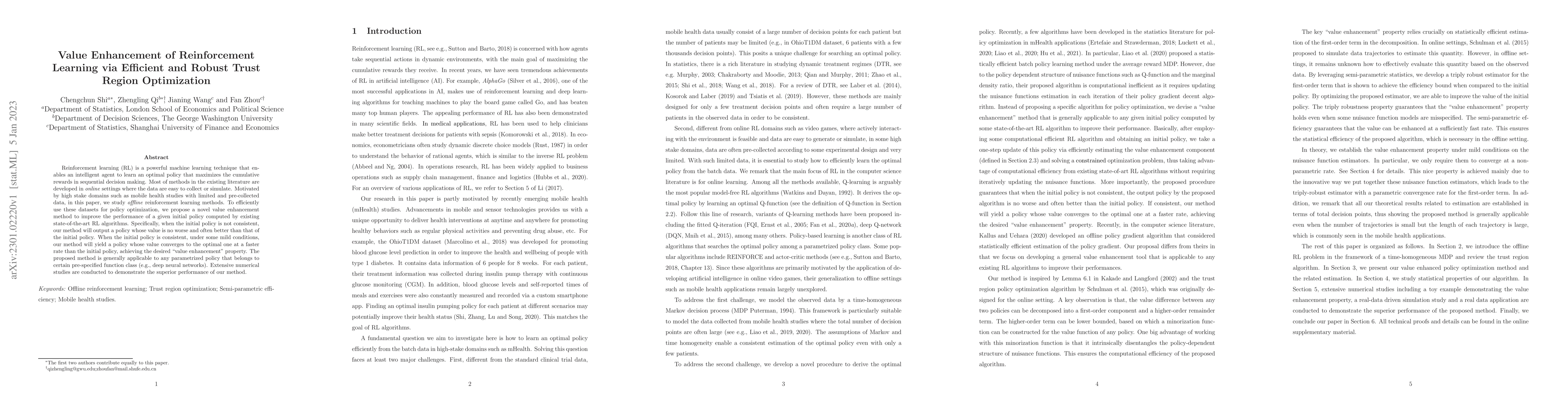 Thumbnail for Value Enhancement of Reinforcement Learning via Efficient and Robust
  Trust Region Optimization