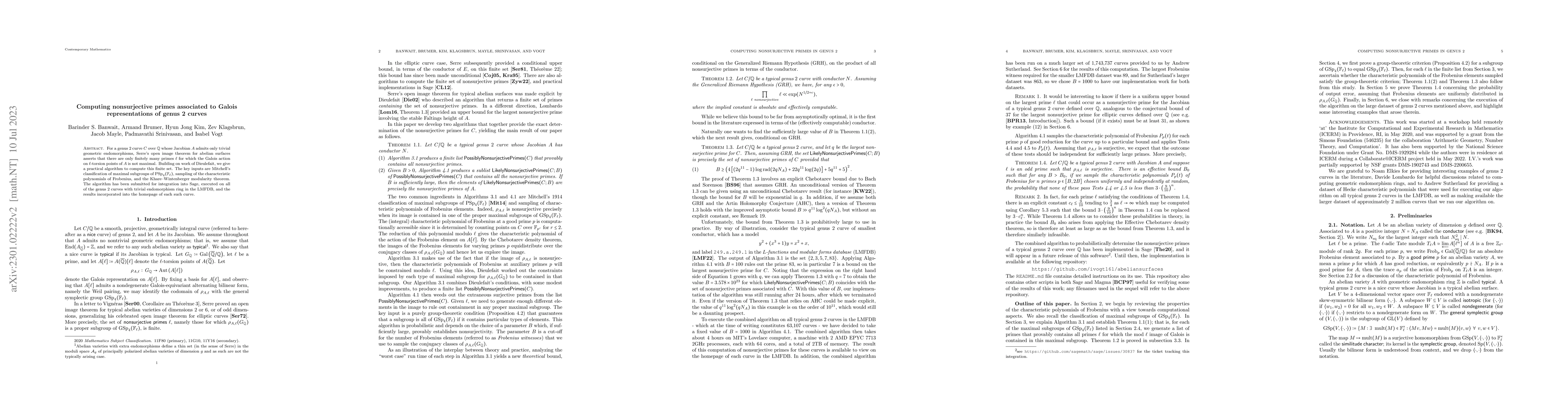 Thumbnail for Computing nonsurjective primes associated to Galois representations of
  genus $2$ curves