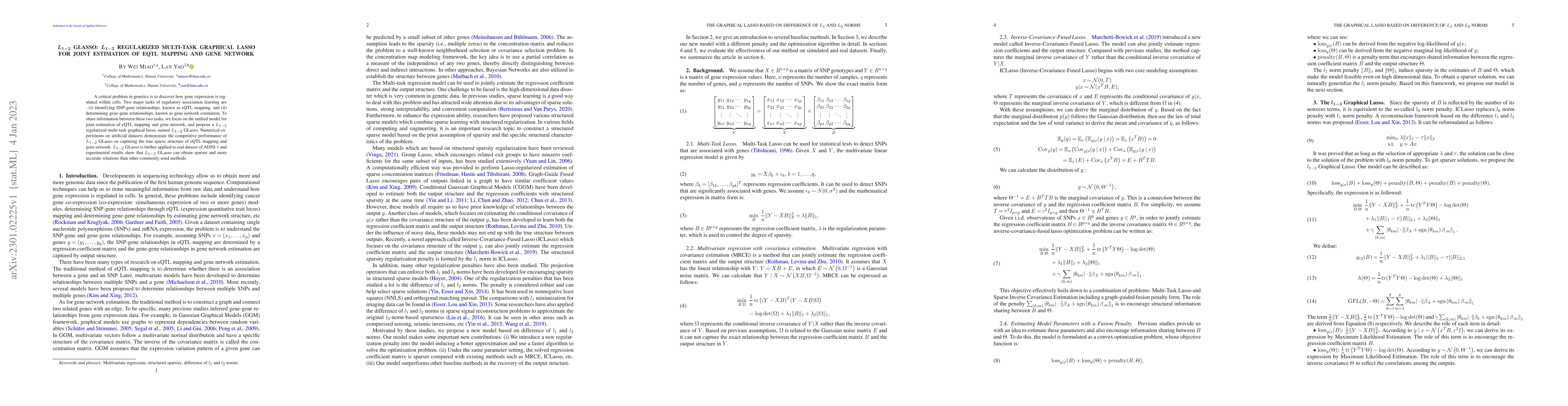 Thumbnail for $l_{1-2}$ GLasso: $L_{1-2}$ Regularized Multi-task Graphical Lasso for
  Joint Estimation of eQTL Mapping and Gene Network