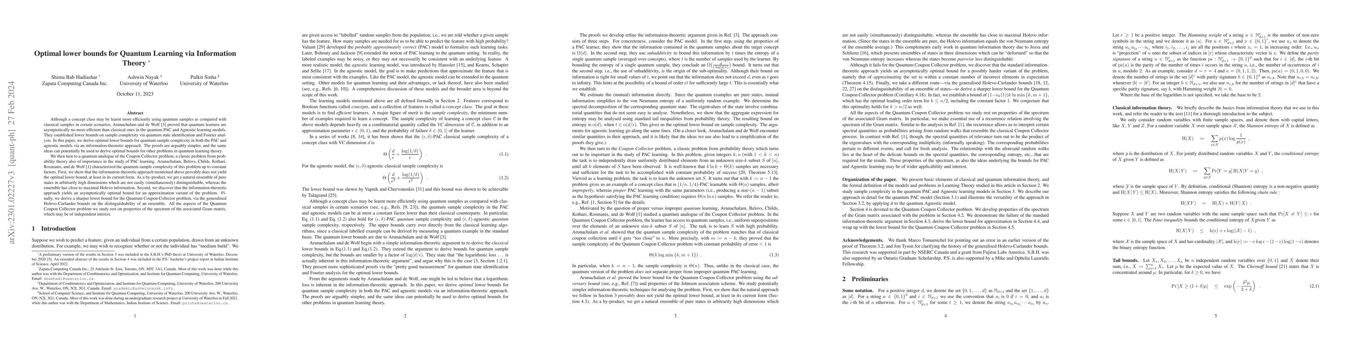 Thumbnail for Optimal lower bounds for Quantum Learning via Information Theory