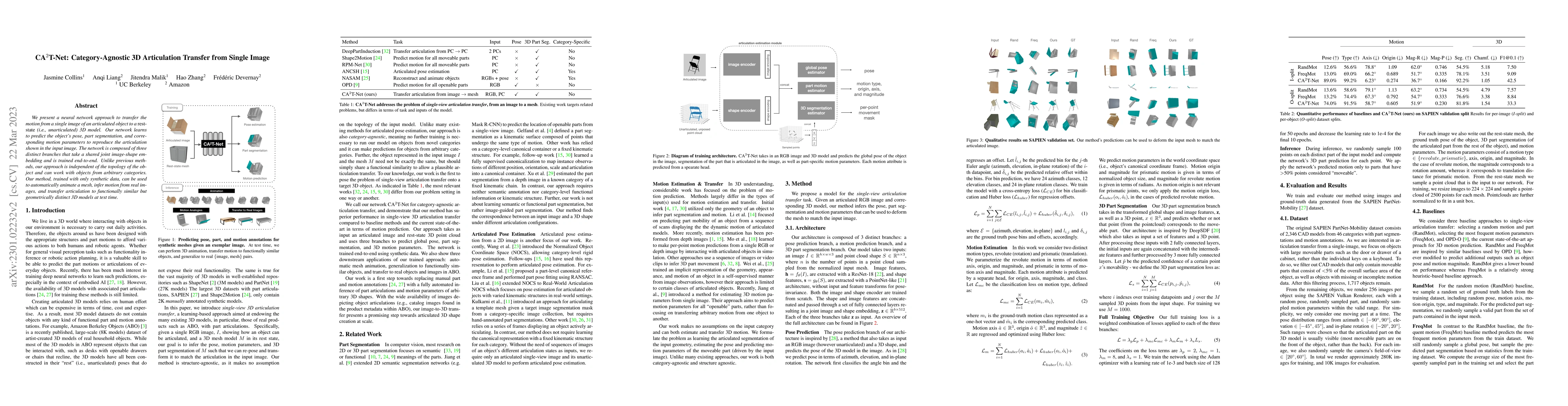 Thumbnail for CA$^2$T-Net: Category-Agnostic 3D Articulation Transfer from Single
  Image