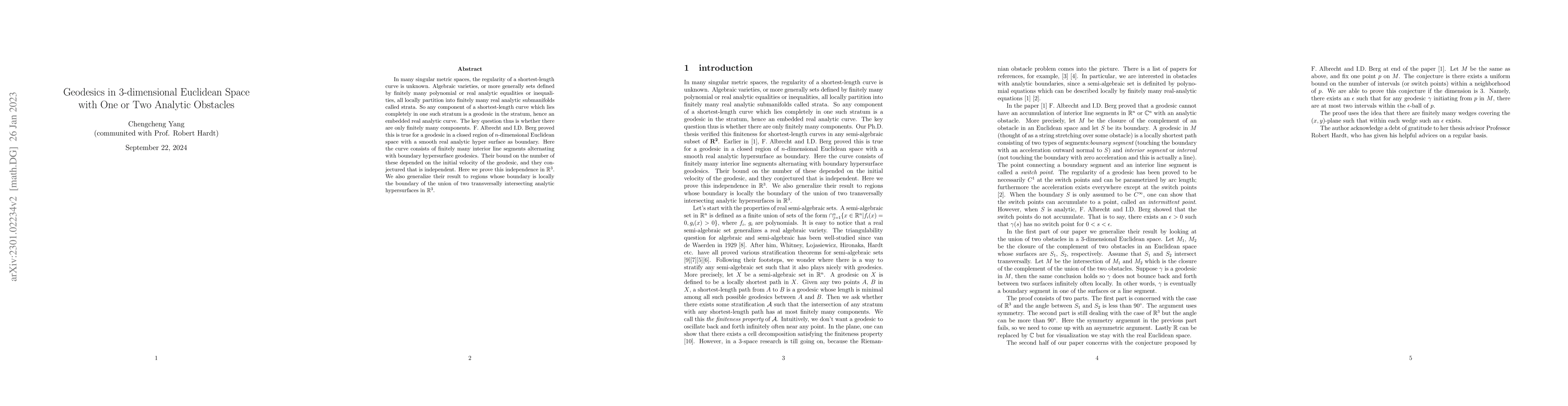 Thumbnail for Geodesics in 3-dimensional Euclidean Space with One or Two Analytic
  Obstacles