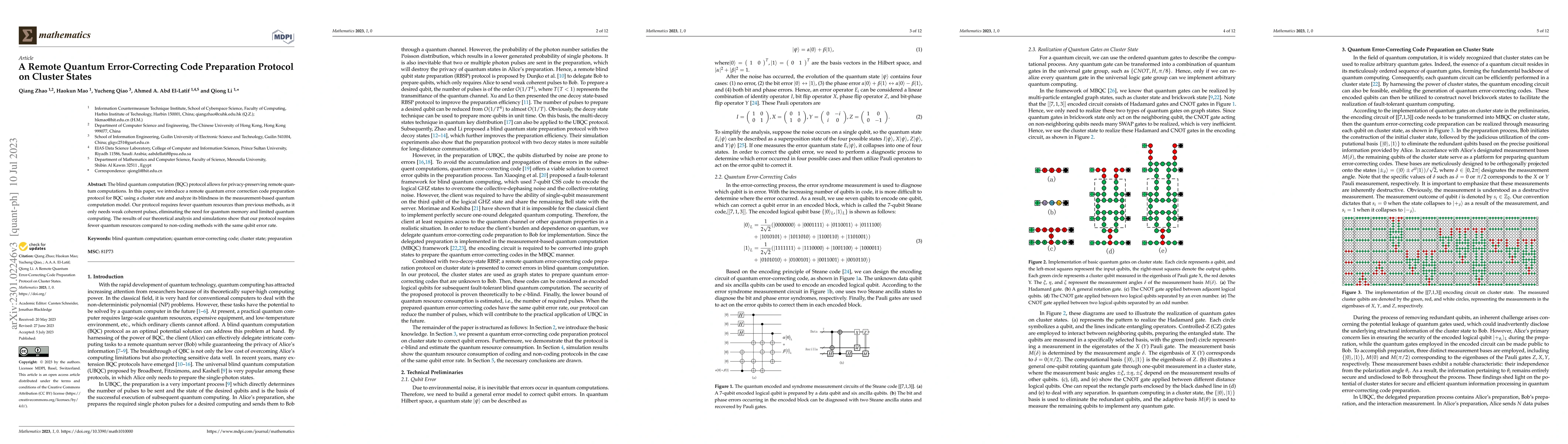 Thumbnail for A Remote Quantum Error-correcting Code Preparation Protocol on Cluster
  State