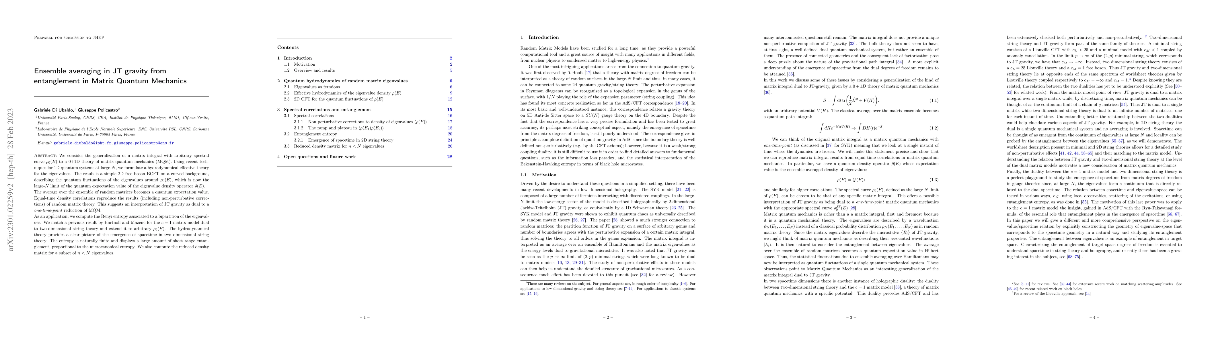 Thumbnail for Ensemble averaging in JT gravity from entanglement in Matrix Quantum
  Mechanics