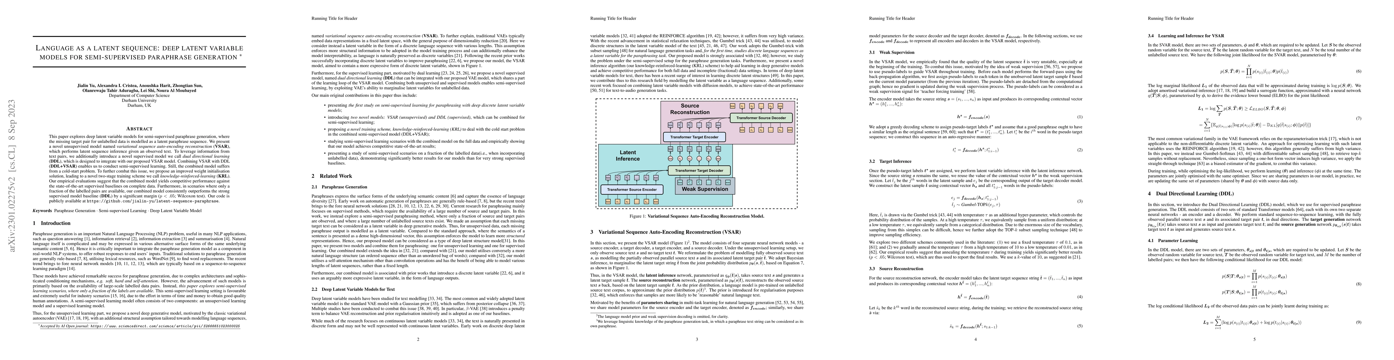 Thumbnail for Language as a Latent Sequence: deep latent variable models for
  semi-supervised paraphrase generation
