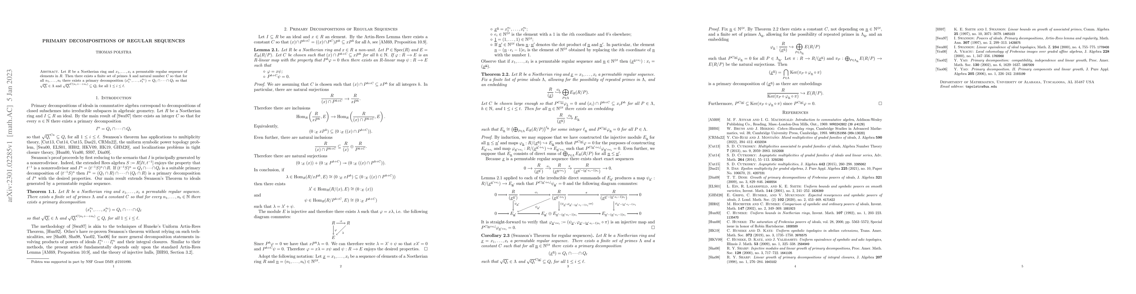Thumbnail for Primary Decompositions of Regular Sequences