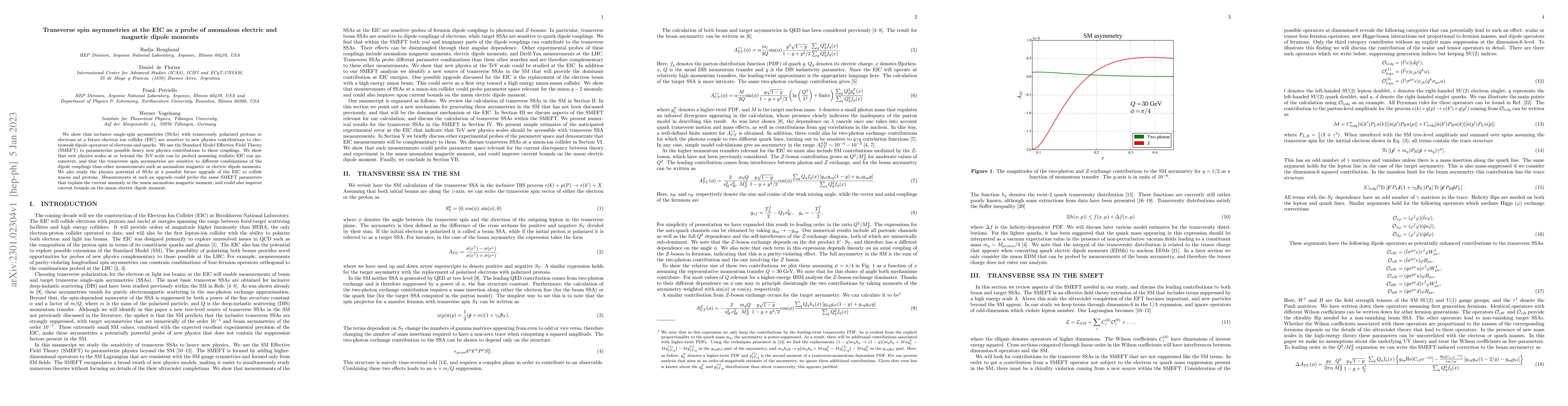 Thumbnail for Transverse spin asymmetries at the EIC as a probe of anomalous electric
  and magnetic dipole moments