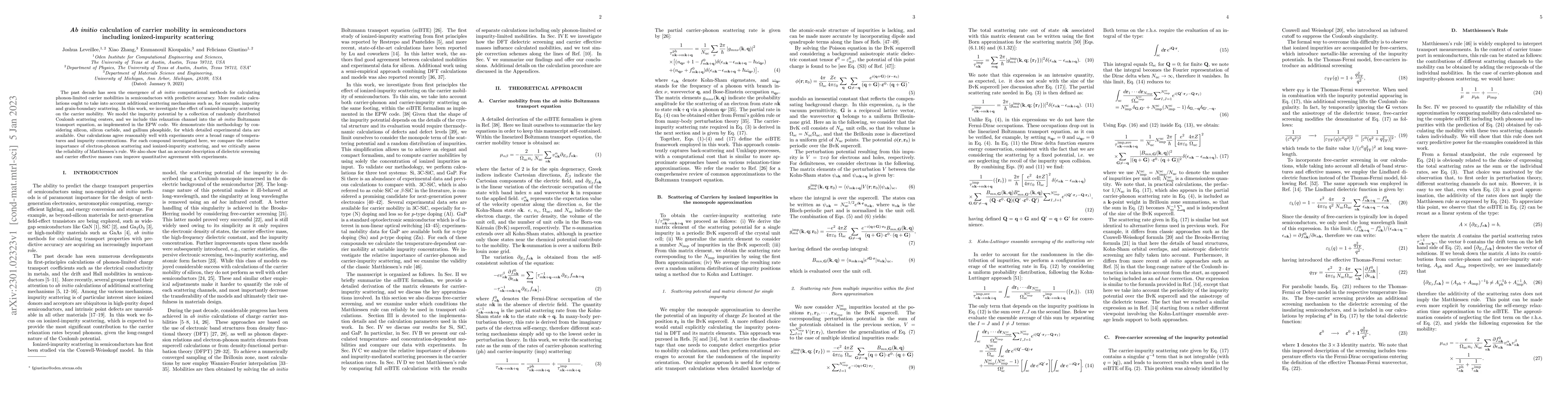 Thumbnail for Ab initio calculation of carrier mobility in semiconductors including
  ionized-impurity scattering