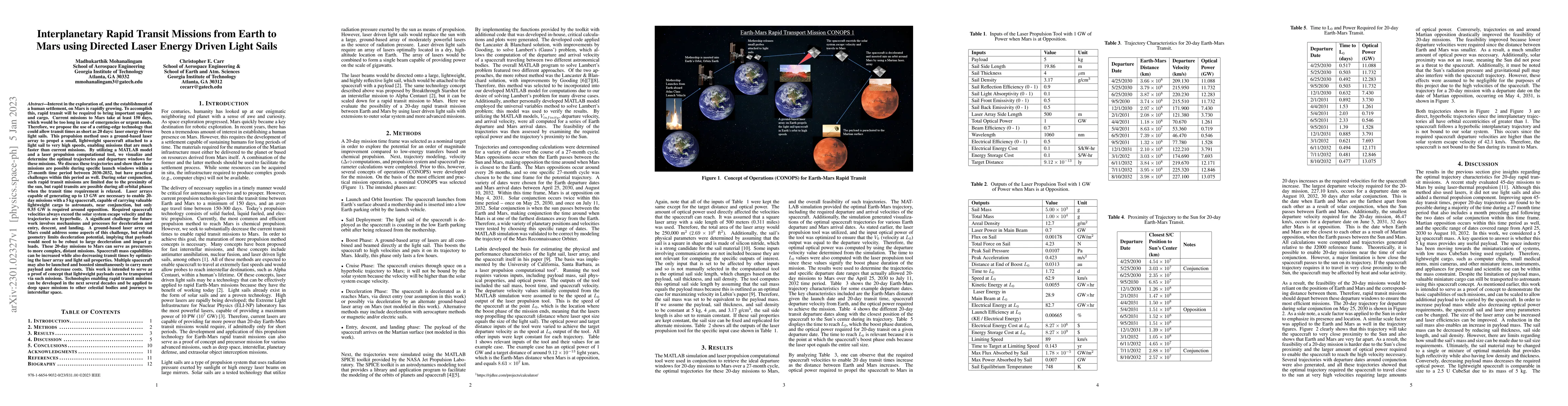 Thumbnail for Interplanetary Rapid Transit Missions from Earth to Mars using Directed
  Laser Energy Driven Light Sails