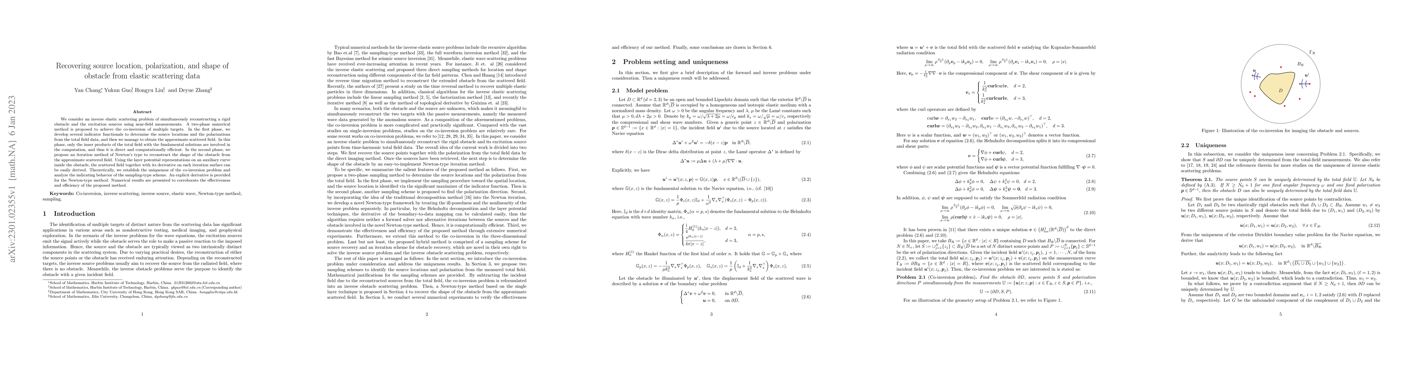 Thumbnail for Recovering source location, polarization, and shape of obstacle from
  elastic scattering data