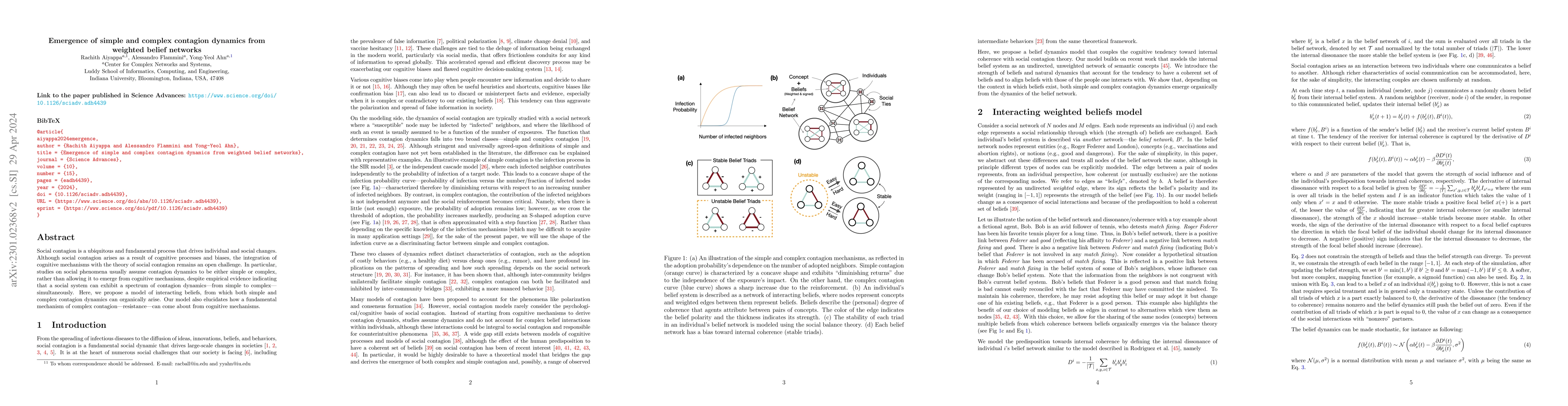 Thumbnail for Emergence of simple and complex contagion dynamics from weighted belief
  networks