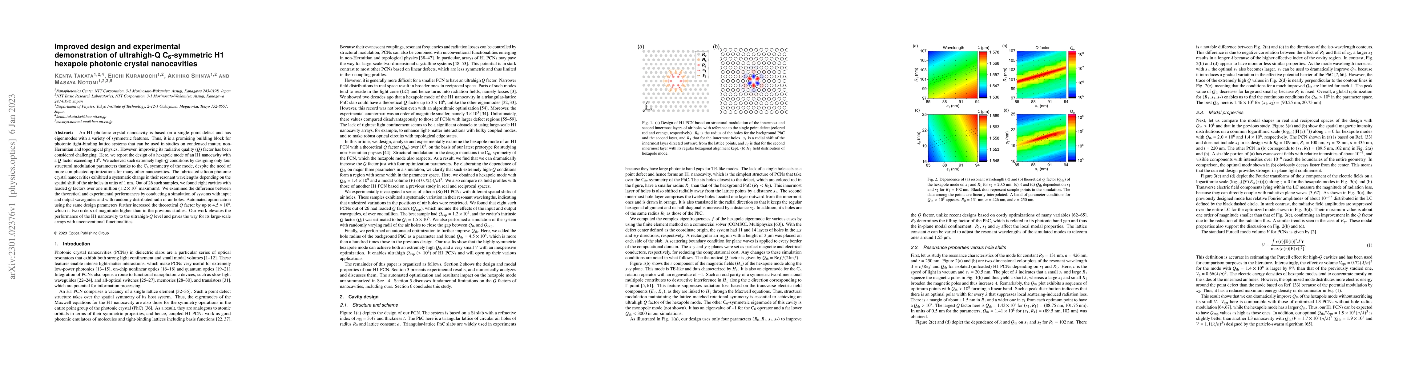 Thumbnail for Improved design and experimental demonstration of ultrahigh-Q
  C${}_\text{6}$-symmetric H1 hexapole photonic crystal nanocavities