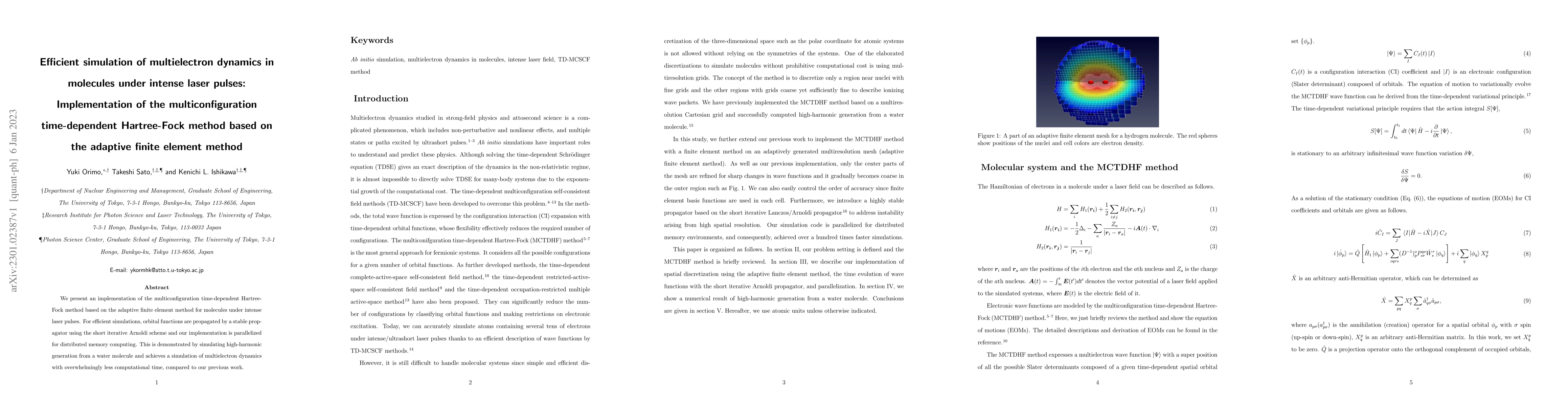 Thumbnail for Efficient simulation of multielectron dynamics in molecules under
  intense laser pulses: Implementation of the multiconfiguration time-dependent
  Hartree-Fock method based on the adaptive finite element method