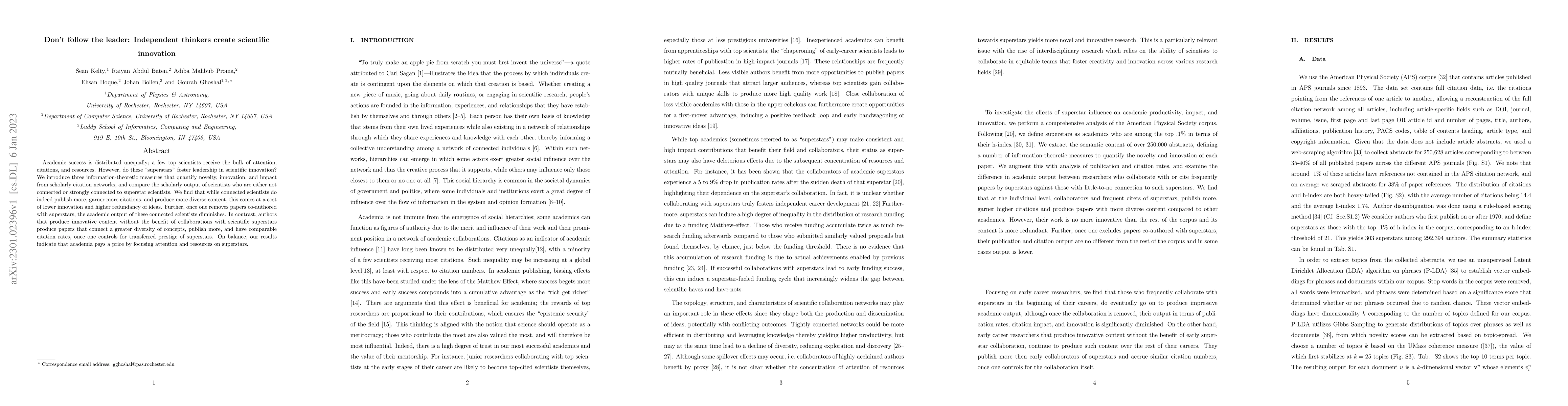 Thumbnail for Don't follow the leader: Independent thinkers create scientific
  innovation