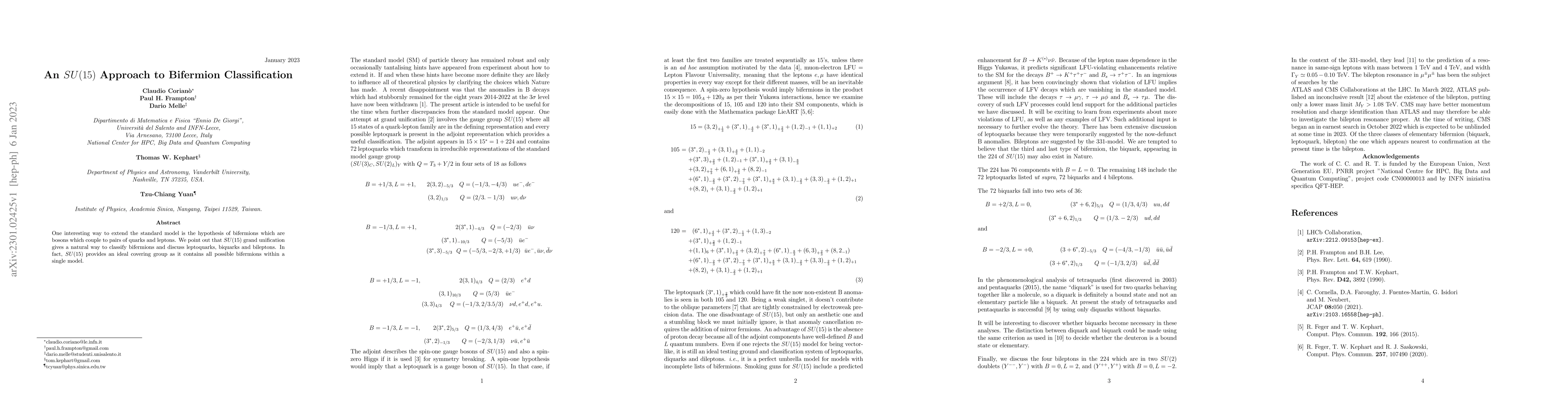 Thumbnail for An $SU(15)$ Approach to Bifermion Classification