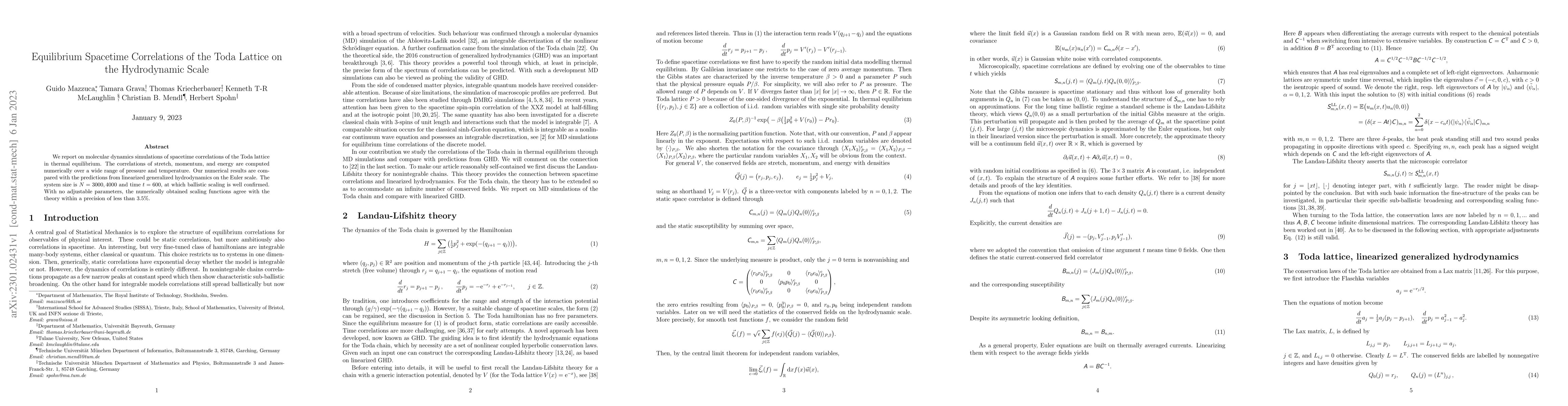 Thumbnail for Equilibrium Spacetime Correlations of the Toda Lattice on the
  Hydrodynamic Scale